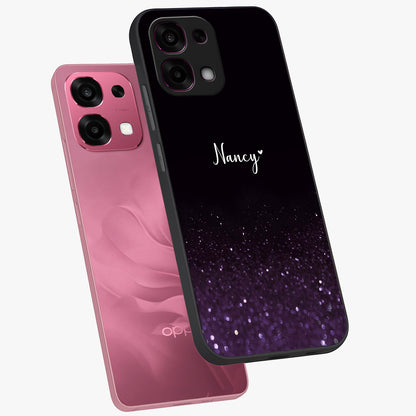 Glittery Purple Bokeh Custom Name Glass Case displayed in angled mockup highlighting glitter bokeh pattern with custom name feature.