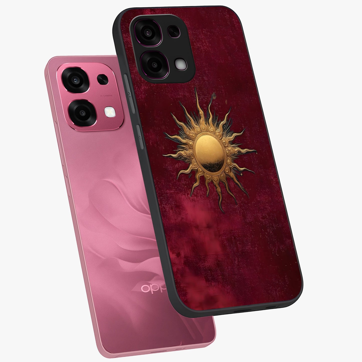 Golden Sun Minimalism Glass Case displayed in angled mockup highlighting clean sun symbol design with modern minimal aesthetic.