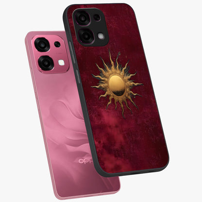 Golden Sun Minimalism Glass Case displayed in angled mockup highlighting clean sun symbol design with modern minimal aesthetic.