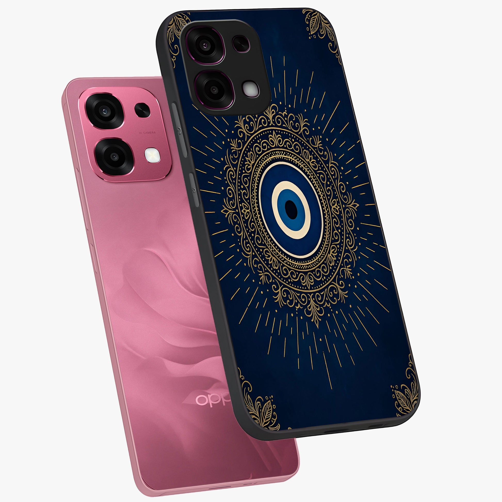 Golden Celestial Charm Glass Case displayed in angled mockup highlighting sparkling cosmic charm design with celestial aesthetic.