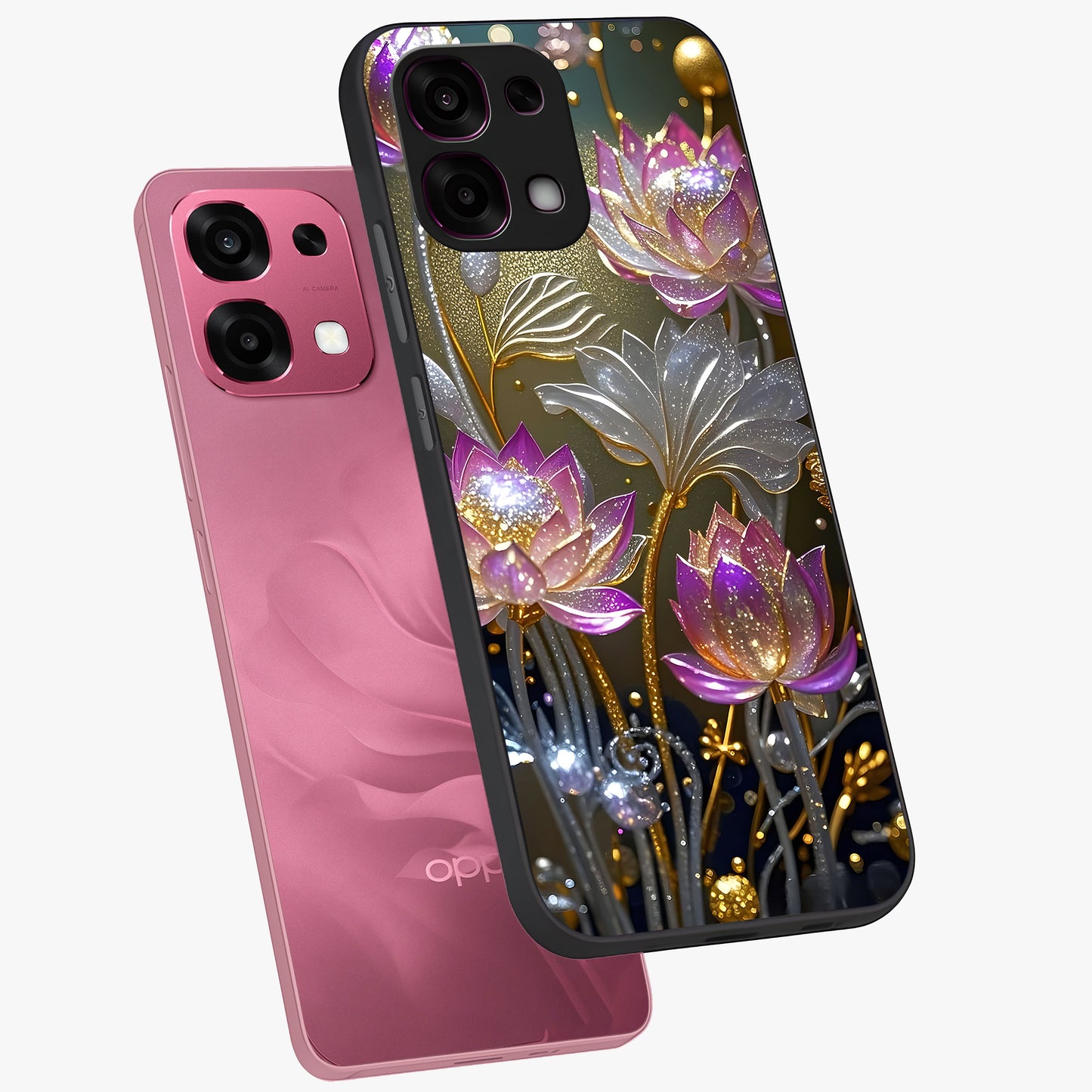 Golden Floral Majesty Glass Case displayed in angled mockup highlighting elegant flower design with royal golden aesthetic.
