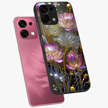 Golden Floral Majesty Glass Case displayed in angled mockup highlighting elegant flower design with royal golden aesthetic.