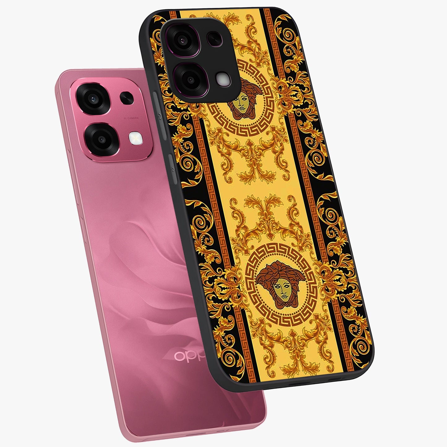 Golden Lotus Glow Glass Case displayed in angled mockup highlighting radiant lotus illustration with spiritual aesthetic.