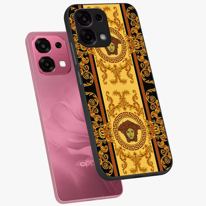 Golden Lotus Glow Glass Case displayed in angled mockup highlighting radiant lotus illustration with spiritual aesthetic.