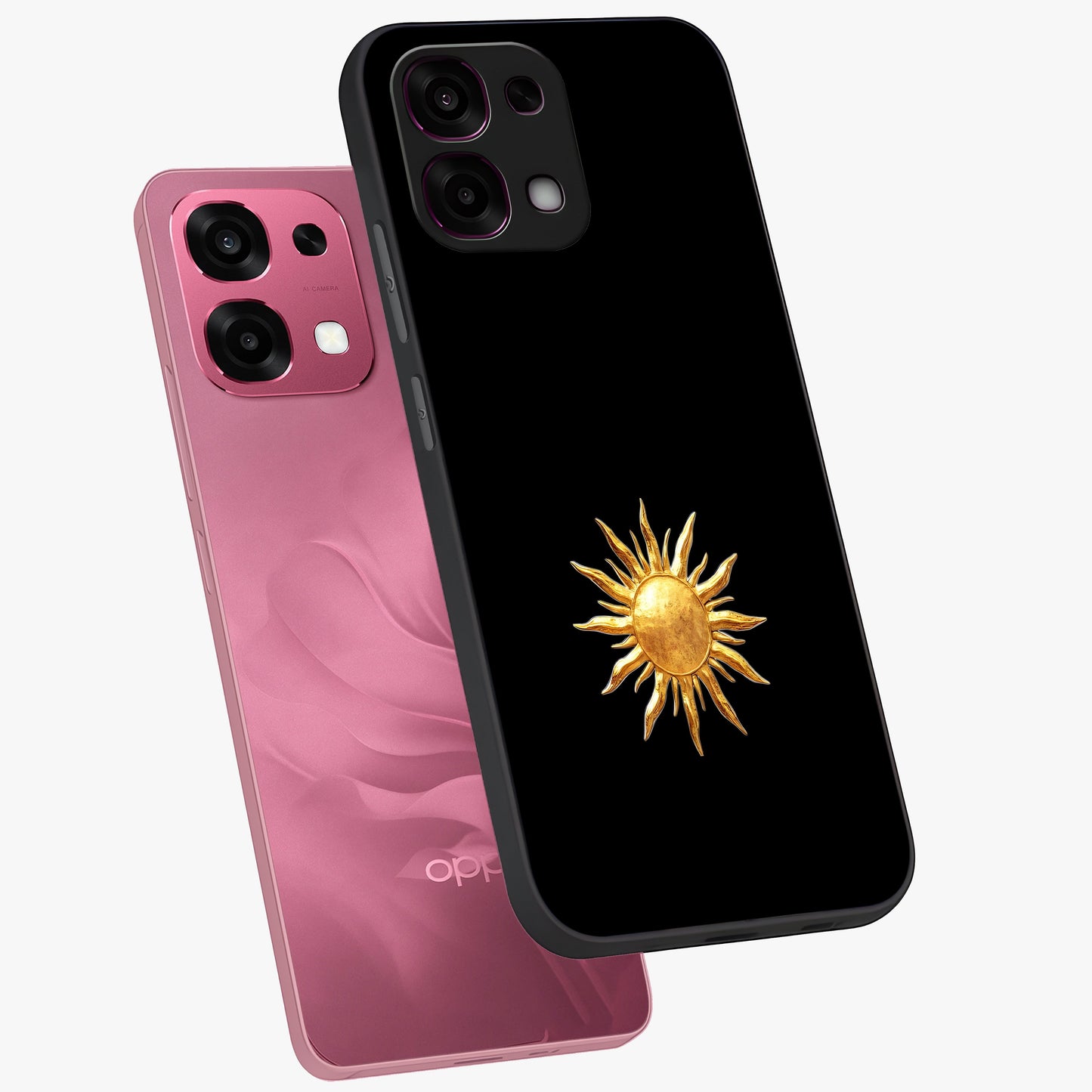 Golden Sun Minimalism Glass Case displayed in angled mockup highlighting eerie shadow illustration with gothic aesthetic.