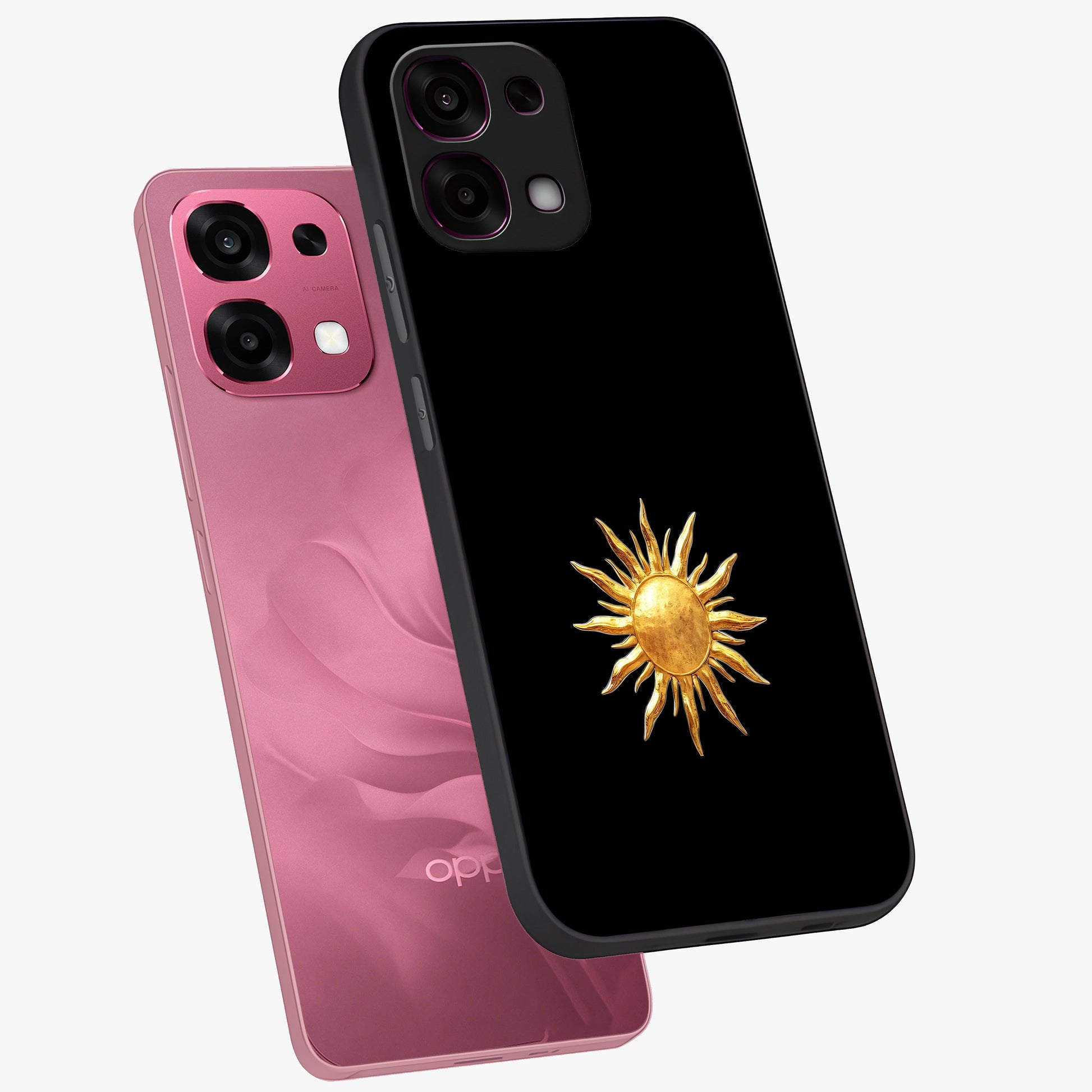Golden Sun Minimalism Glass Case displayed in angled mockup highlighting eerie shadow illustration with gothic aesthetic.