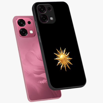 Golden Sun Minimalism Glass Case displayed in angled mockup highlighting eerie shadow illustration with gothic aesthetic.