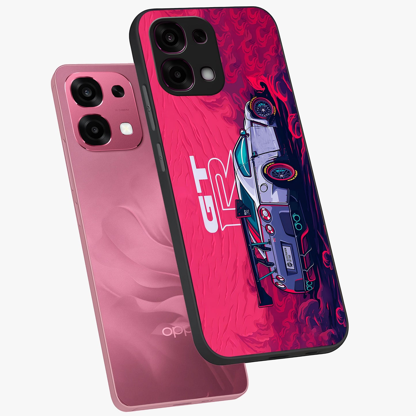 GT-R Car Pattern Glass Case displayed in angled mockup highlighting racing car graphic design with bold automotive aesthetic.