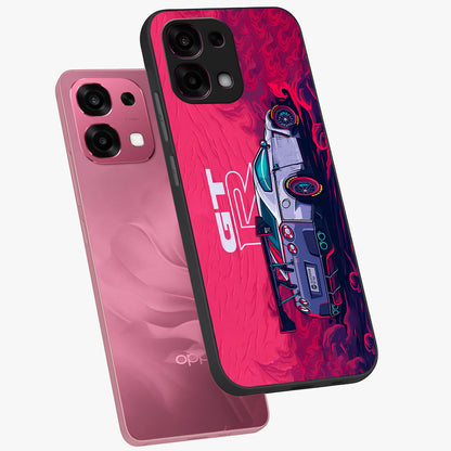 GT-R Car Pattern Glass Case displayed in angled mockup highlighting racing car graphic design with bold automotive aesthetic.