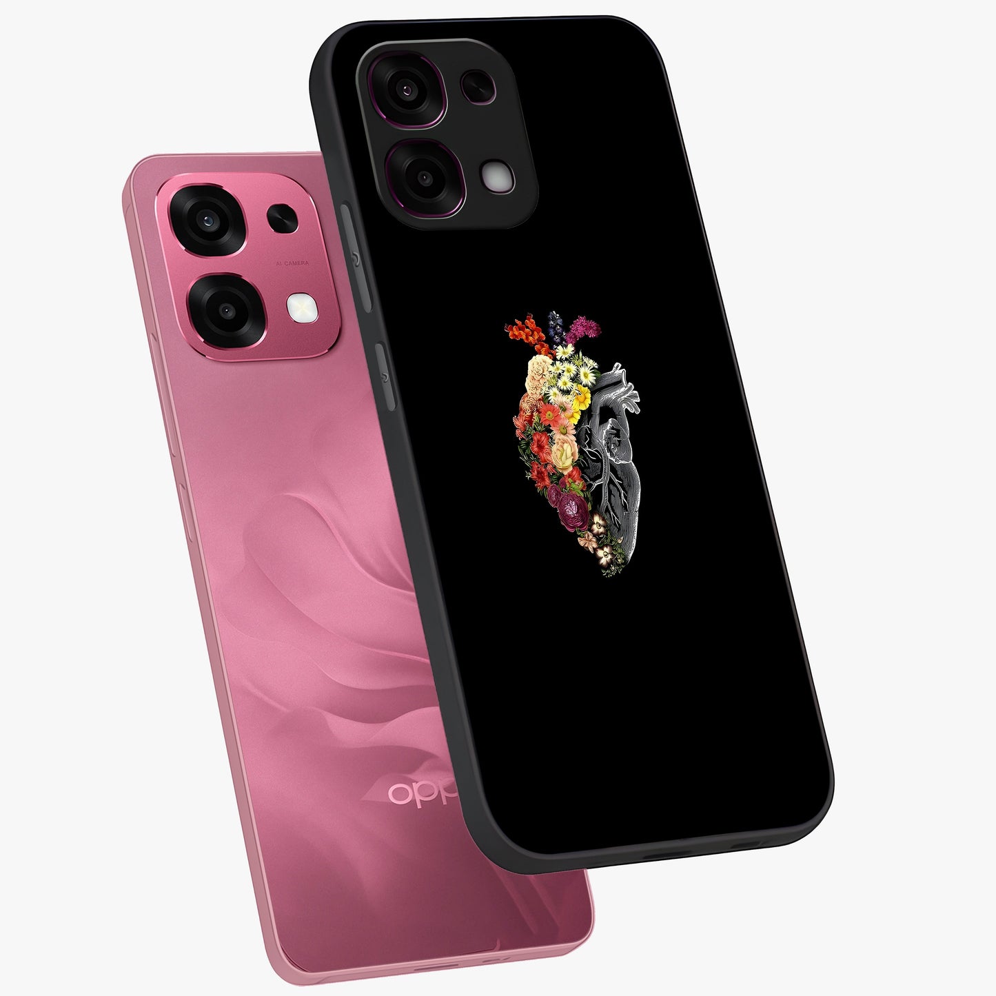 Heart With Flowers Glass Case displayed in angled mockup highlighting romantic flower design with soft aesthetic style.