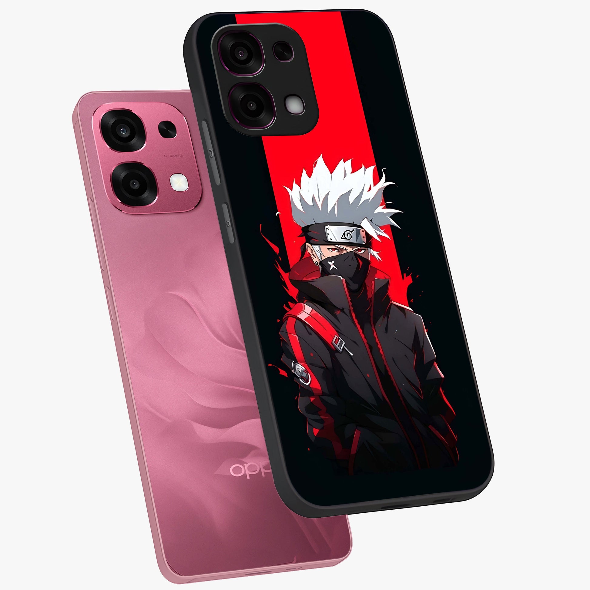 Kakashi Scarlet Shadow Glass Case displayed in angled mockup highlighting dramatic ninja illustration with scarlet themed aesthetic.