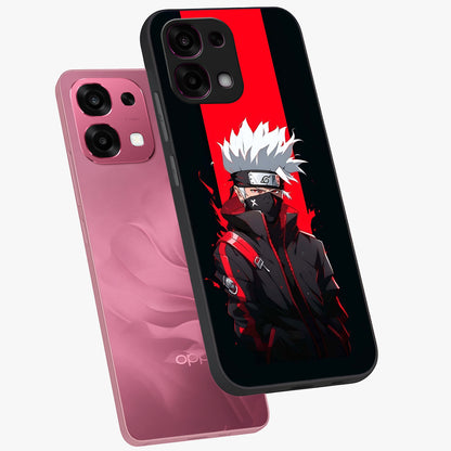Kakashi Scarlet Shadow Glass Case displayed in angled mockup highlighting dramatic ninja illustration with scarlet themed aesthetic.