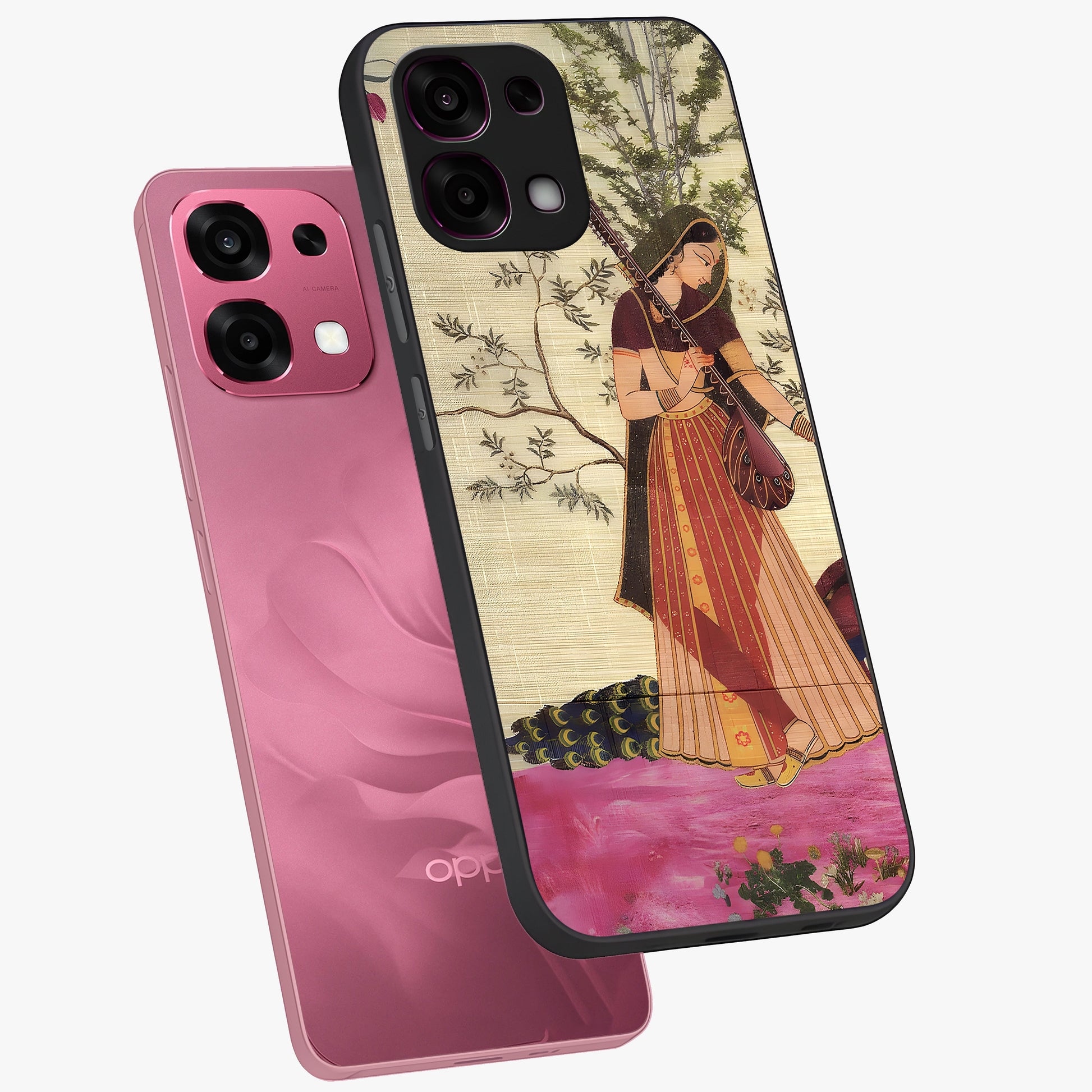 Lady With Veena Art Glass Case displayed in angled mockup highlighting graceful musical illustration with cultural artistic aesthetic.