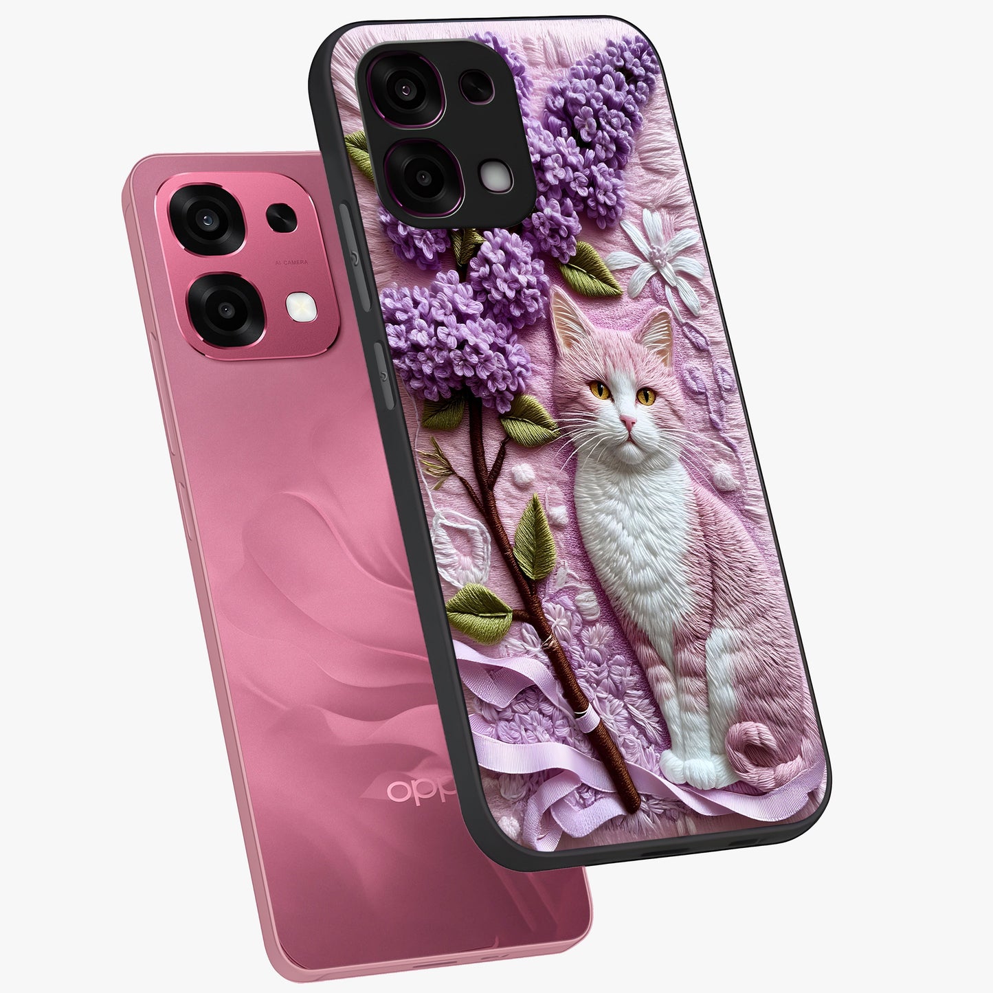 Lavender Cat Whimsy Glass Case displayed in angled mockup highlighting playful feline illustration with pastel lavender aesthetic.