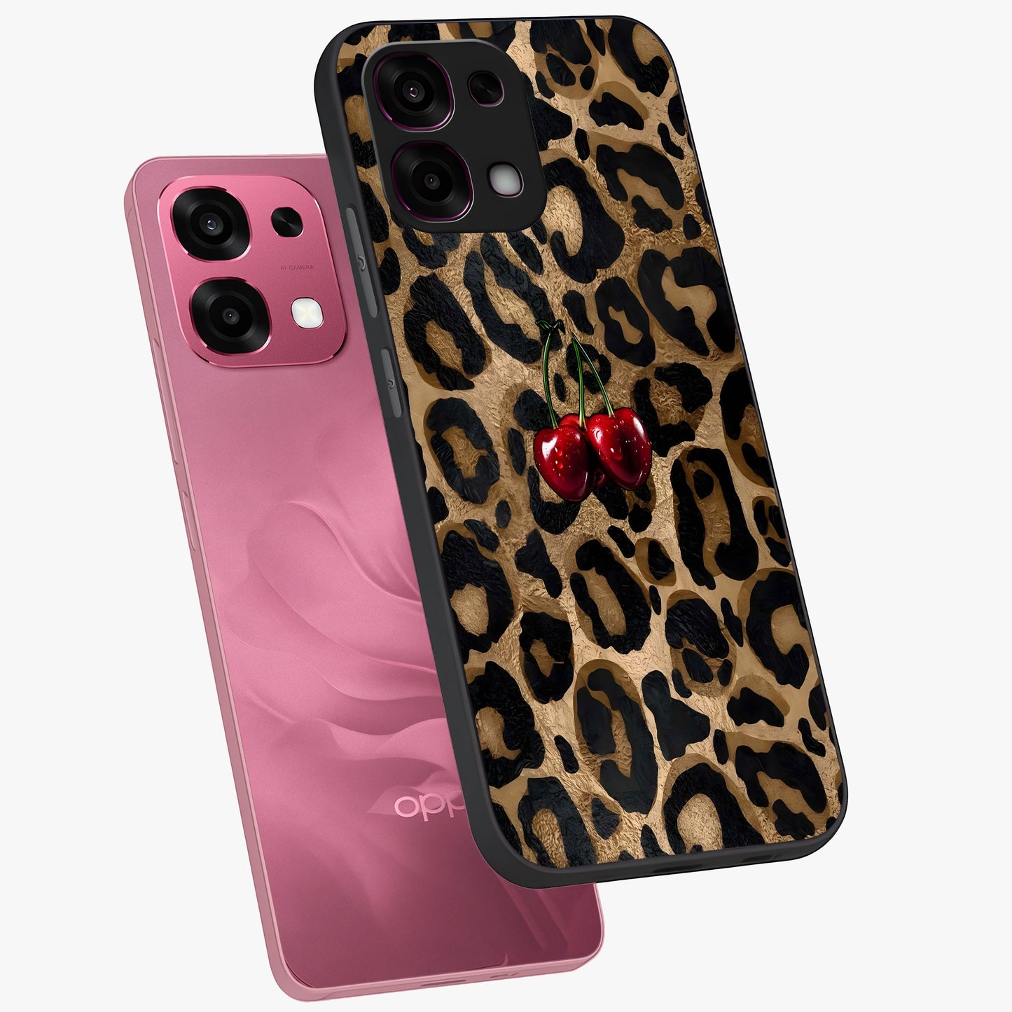 Leopard Wild Cherry Glass Case displayed in angled mockup highlighting bold animal print design with playful cherry aesthetic.