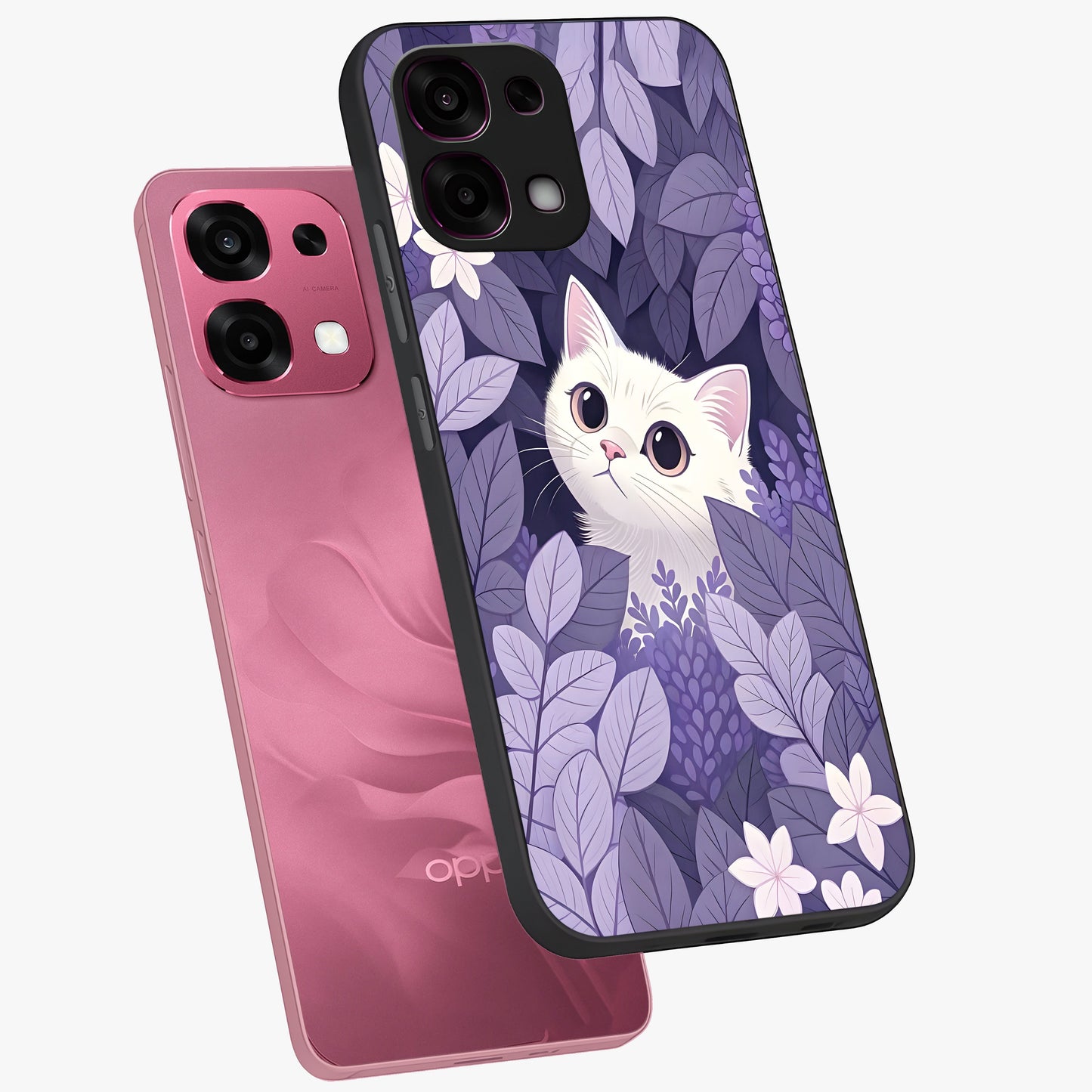 Lilac Hide Peek Cat Glass Case displayed in angled mockup highlighting playful feline illustration with lilac aesthetic design.