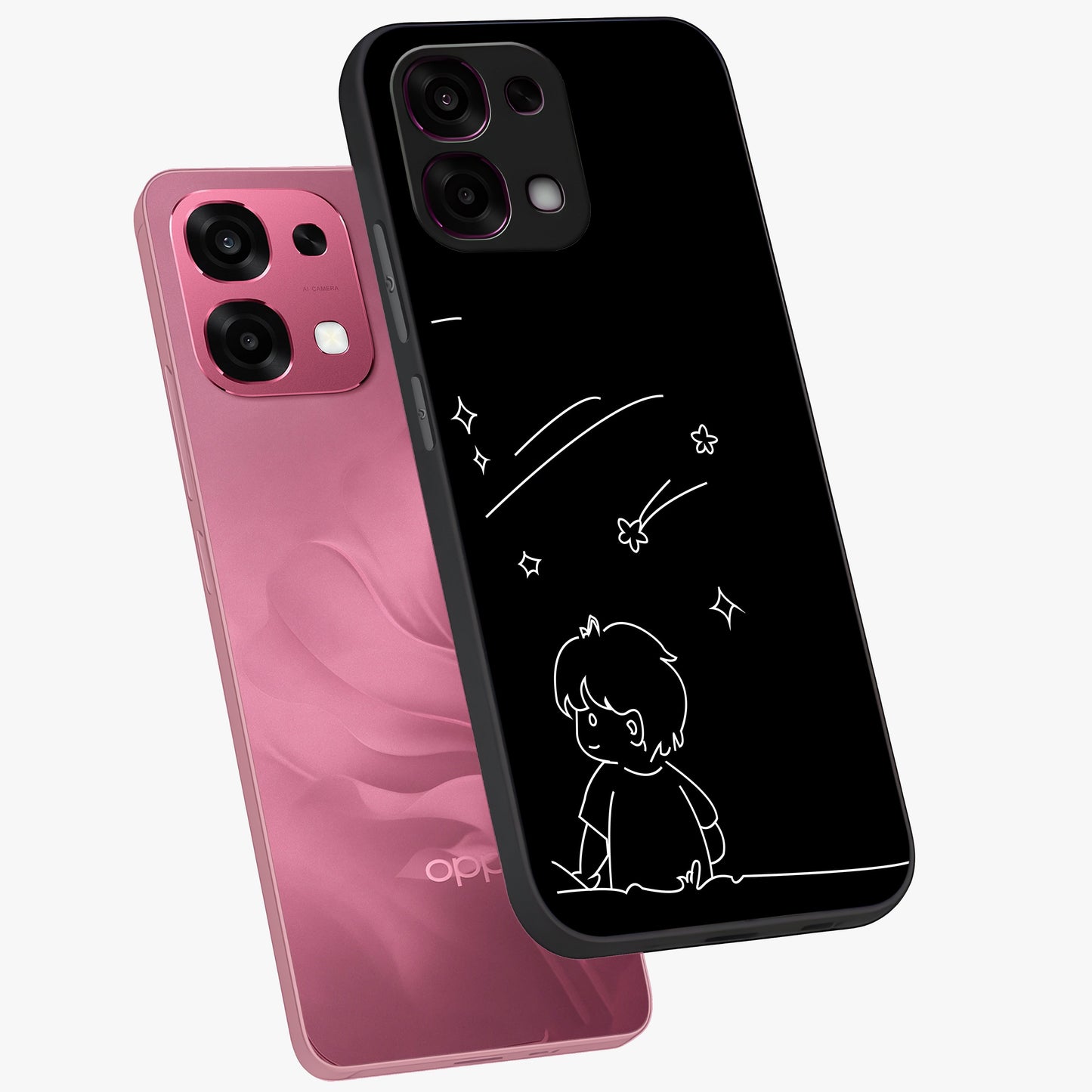 Line Art Boy With Shooting Stars Glass Case displayed in angled mockup highlighting elegant line art design with dreamy star aesthetic.