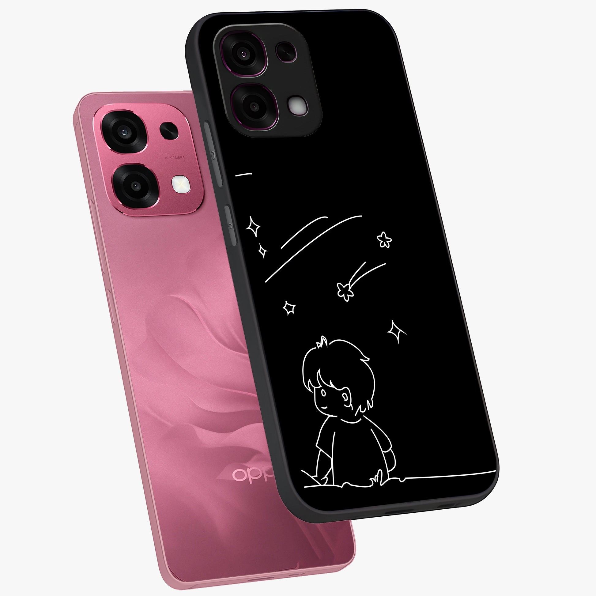 Line Art Boy With Shooting Stars Glass Case displayed in angled mockup highlighting elegant line art design with dreamy star aesthetic.