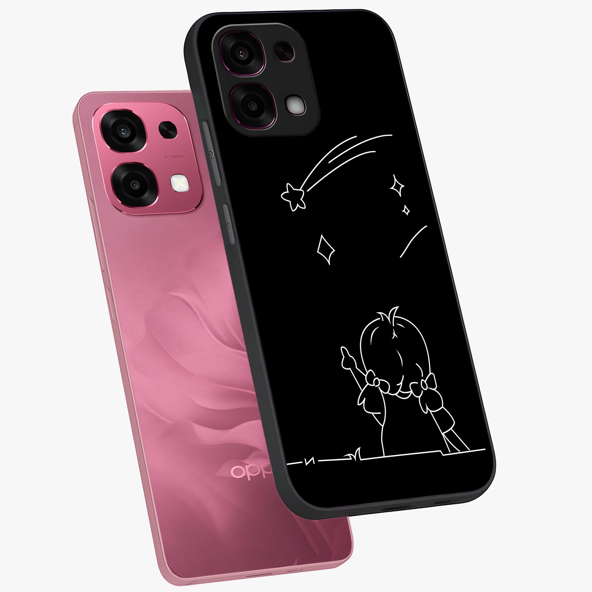 Line Art Girl With Shooting Stars Glass Case displayed in angled mockup highlighting elegant line art design with dreamy star aesthetic.