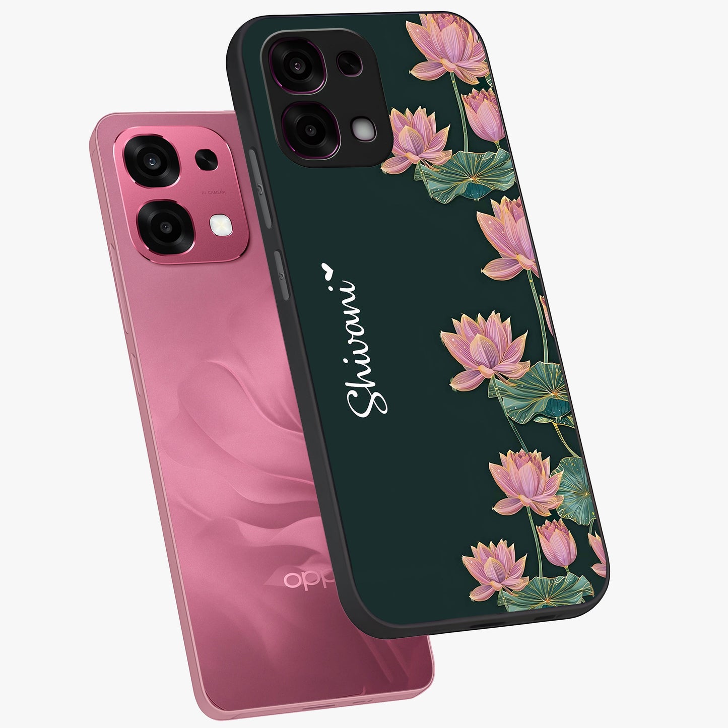 Lotus Bloom Serenity Custom Name Glass Case displayed in angled mockup highlighting graceful lotus illustration with custom name feature.