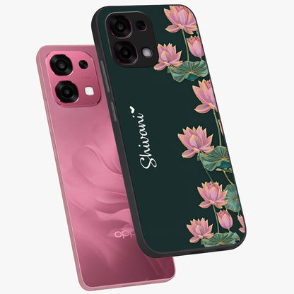 Lotus Bloom Serenity Custom Name Glass Case displayed in angled mockup highlighting graceful lotus illustration with custom name feature.