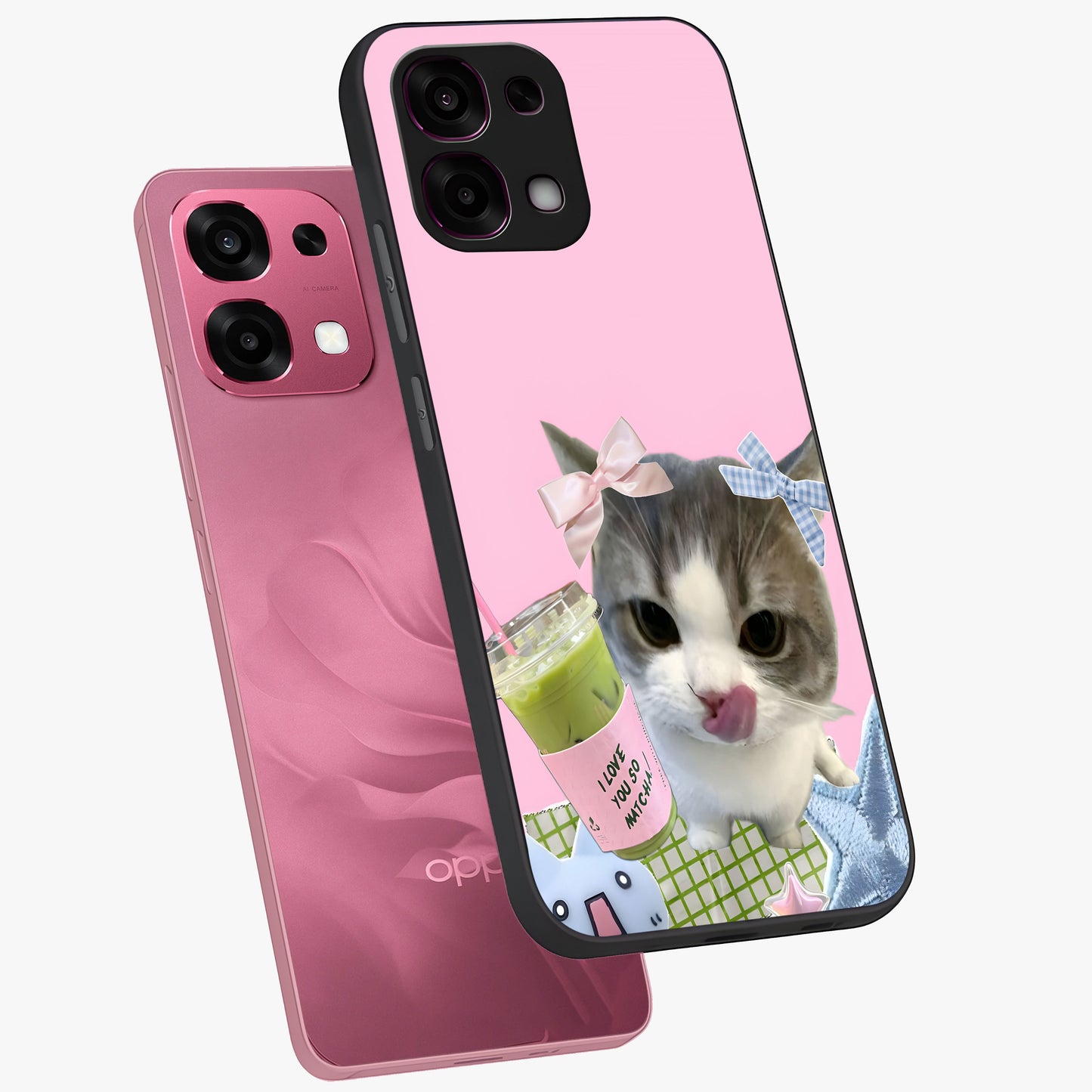 Love Matcha Cat Glass Case displayed in angled mockup highlighting playful feline illustration with cozy matcha aesthetic.