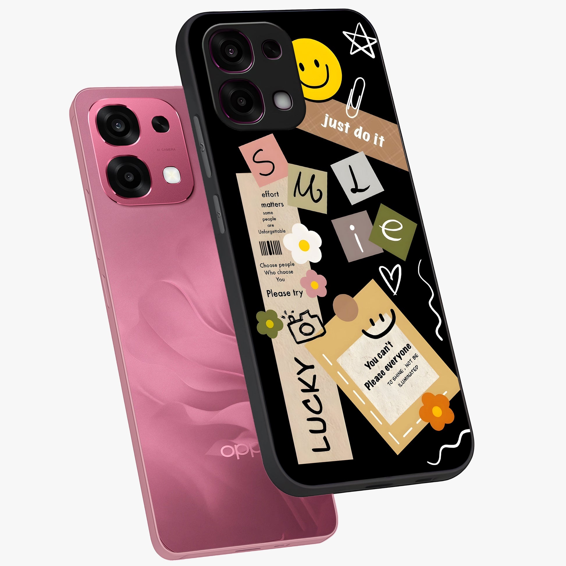 Lucky Aesthetic Collage Glass Case displayed in angled mockup highlighting stylish collage pattern with modern aesthetic vibe.