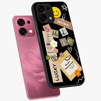 Lucky Aesthetic Collage Glass Case displayed in angled mockup highlighting stylish collage pattern with modern aesthetic vibe.