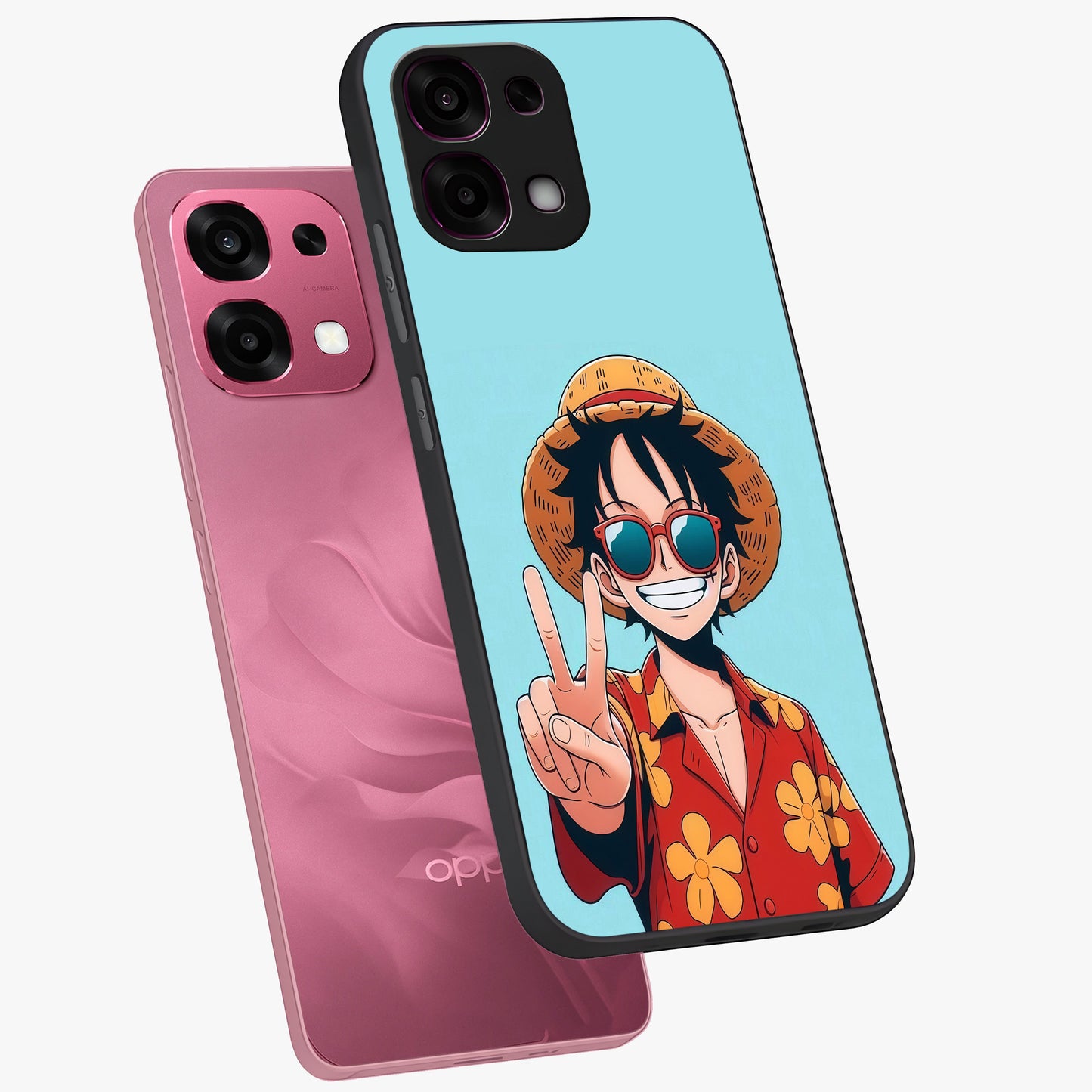Luffy Summer Anime Vibe Glass Case displayed in angled mockup highlighting energetic anime illustration with summer vibe aesthetic.