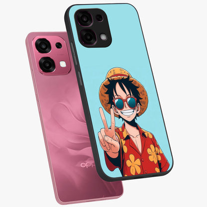 Luffy Summer Anime Vibe Glass Case displayed in angled mockup highlighting energetic anime illustration with summer vibe aesthetic.