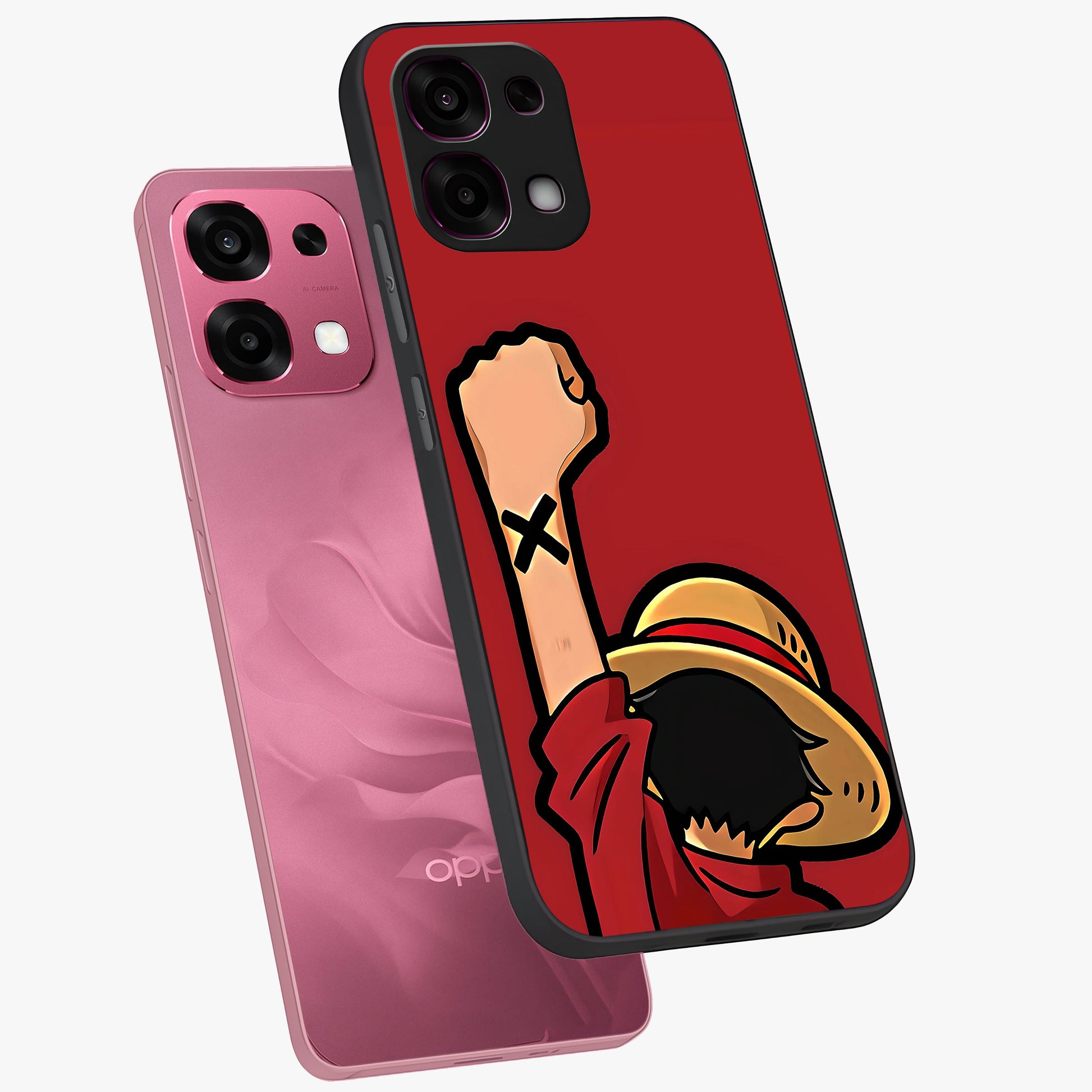 Luffy X Spirit Glass Case displayed in angled mockup highlighting powerful anime design with energetic action aesthetic.