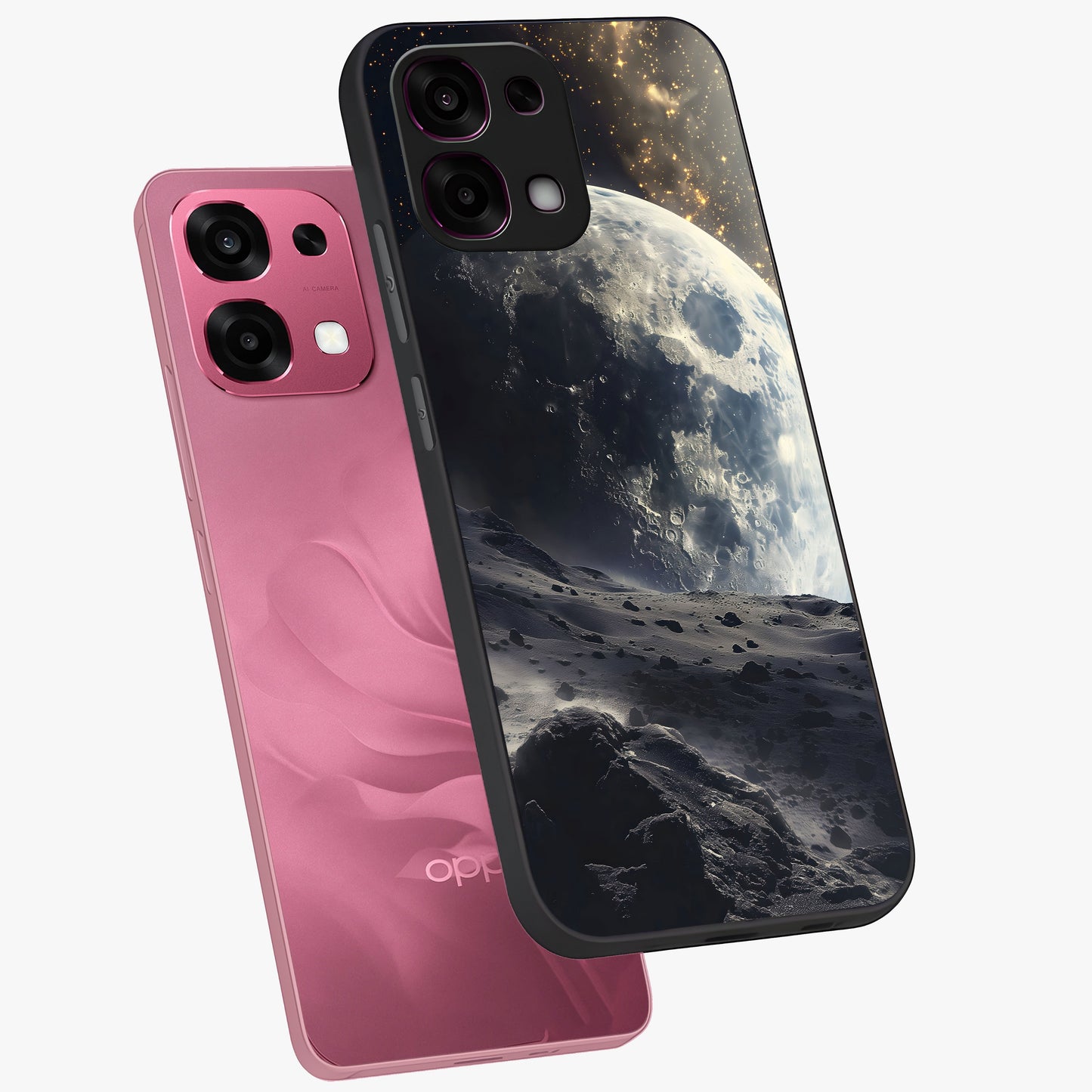 Lunar Horizon Glow Glass Case displayed in angled mockup highlighting celestial moon design with dreamy night aesthetic.