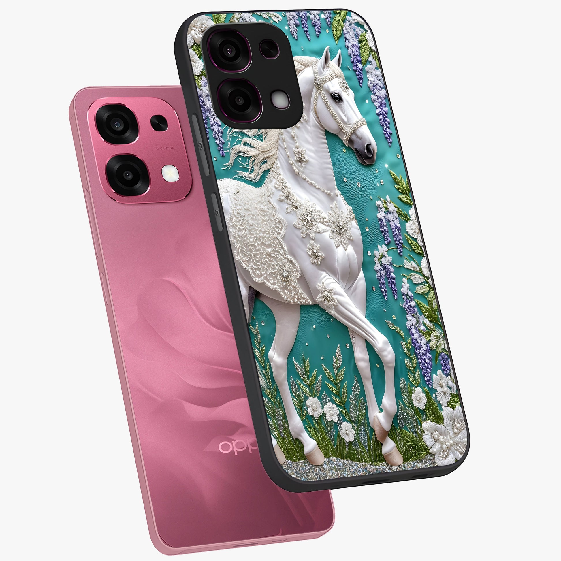 Majestic Floral Stallion Glass Case displayed in angled mockup highlighting majestic stallion illustration with elegant floral aesthetic.