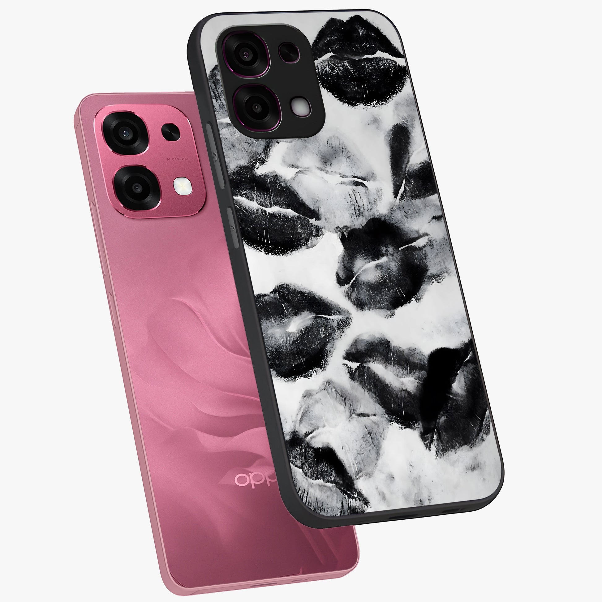 Midnight Kiss Marks Glass Case displayed in angled mockup highlighting playful romantic design with bold midnight aesthetic.