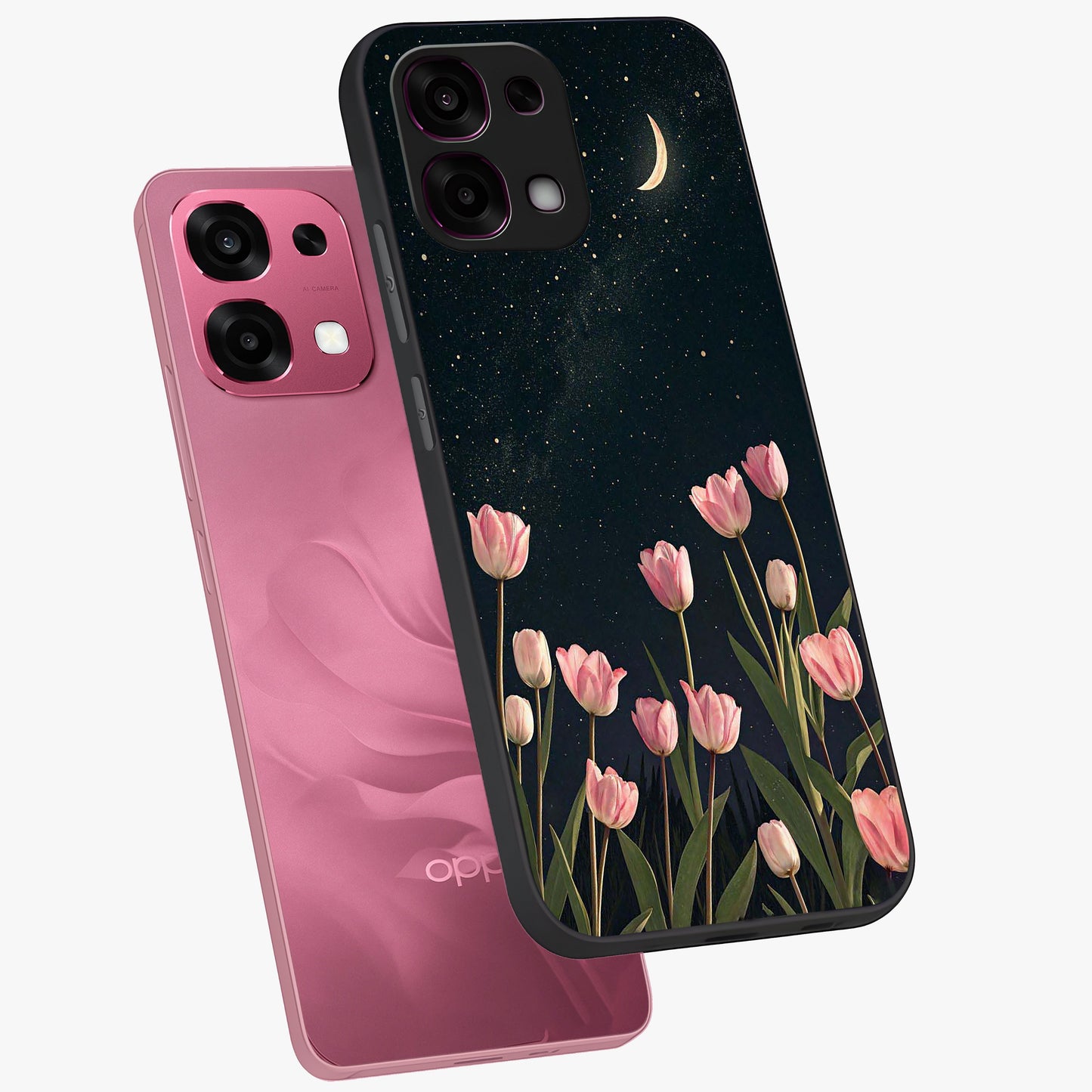Midnight Tulip Whispers Vibe Glass Case displayed in angled mockup highlighting delicate tulip design with midnight floral aesthetic.