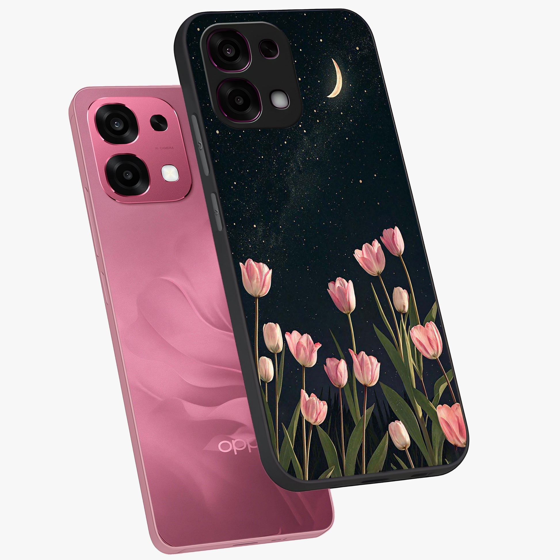 Midnight Tulip Whispers Vibe Glass Case displayed in angled mockup highlighting delicate tulip design with midnight floral aesthetic.