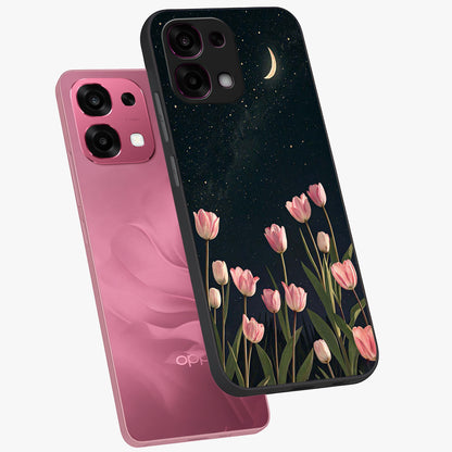 Midnight Tulip Whispers Vibe Glass Case displayed in angled mockup highlighting delicate tulip design with midnight floral aesthetic.