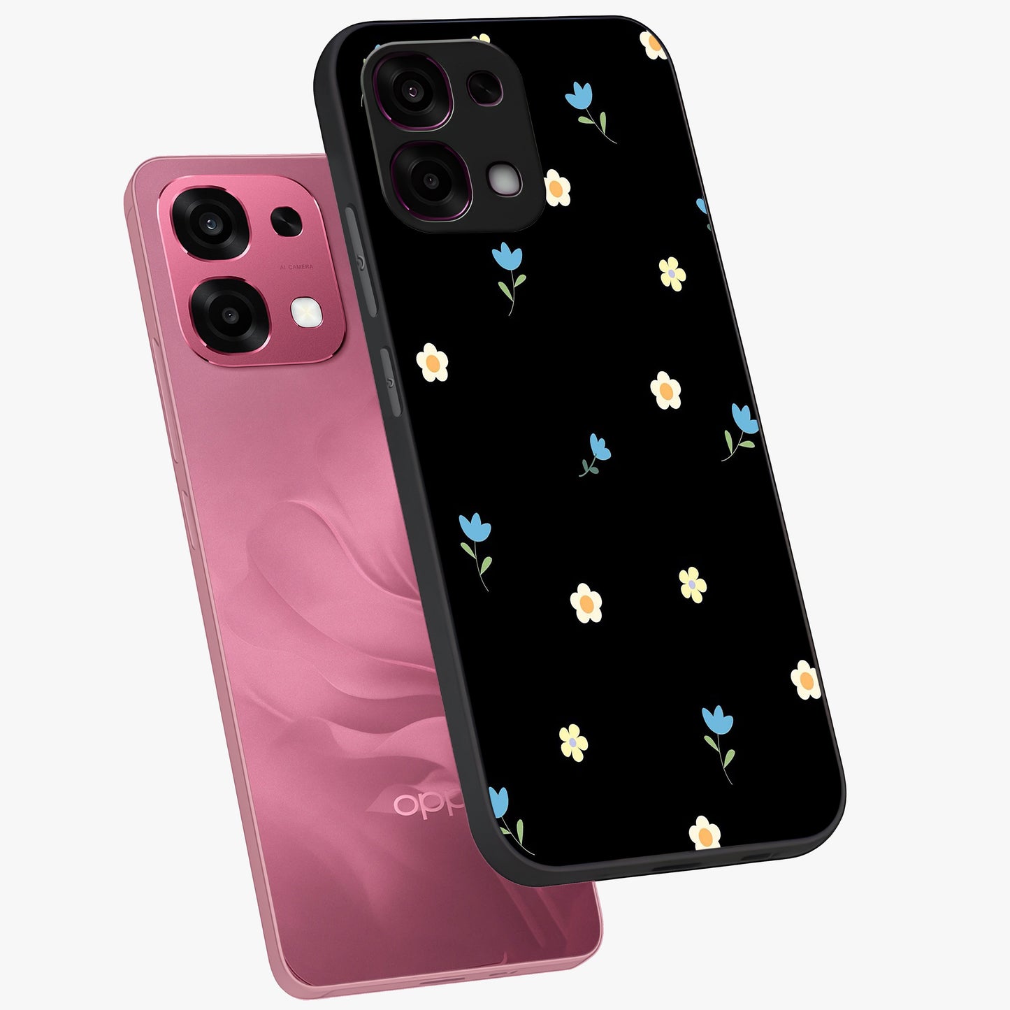 Minimal Petal Whispers Glass Case displayed in angled mockup highlighting delicate petal design with clean minimal aesthetic.