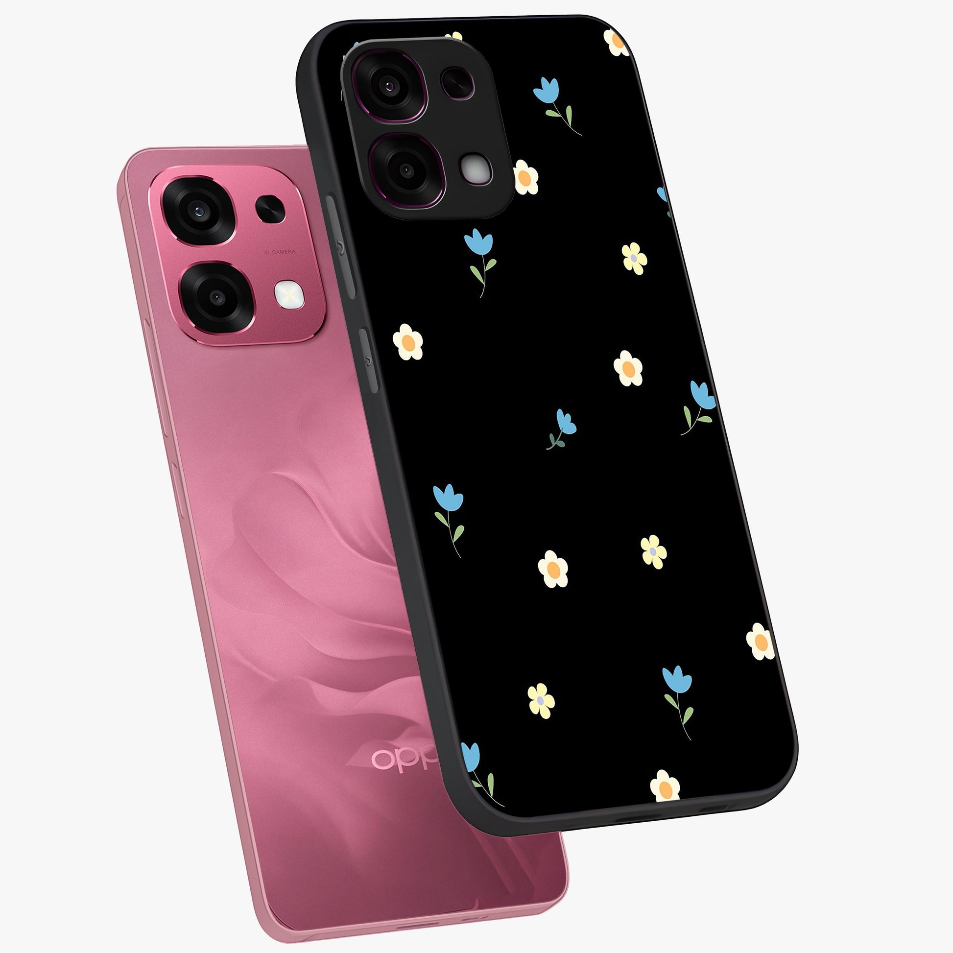 Minimal Petal Whispers Glass Case displayed in angled mockup highlighting delicate petal design with clean minimal aesthetic.