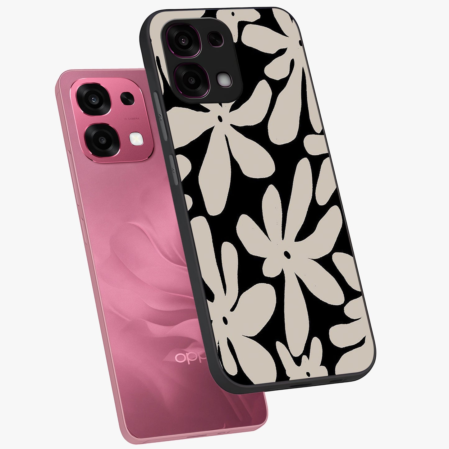 Monochrome Petal Dance Glass Case displayed in angled mockup highlighting elegant petal design with black and white aesthetic.