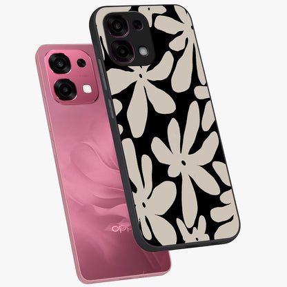 Monochrome Petal Dance Glass Case displayed in angled mockup highlighting elegant petal design with black and white aesthetic.