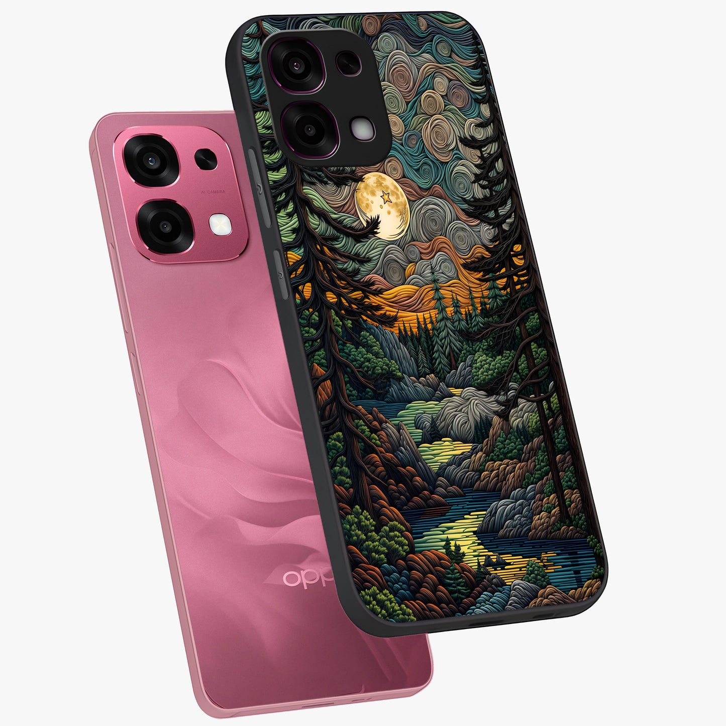 Moonlight Forest Dream Glass Case displayed in angled mockup highlighting dreamy forest design with glowing moon aesthetic.