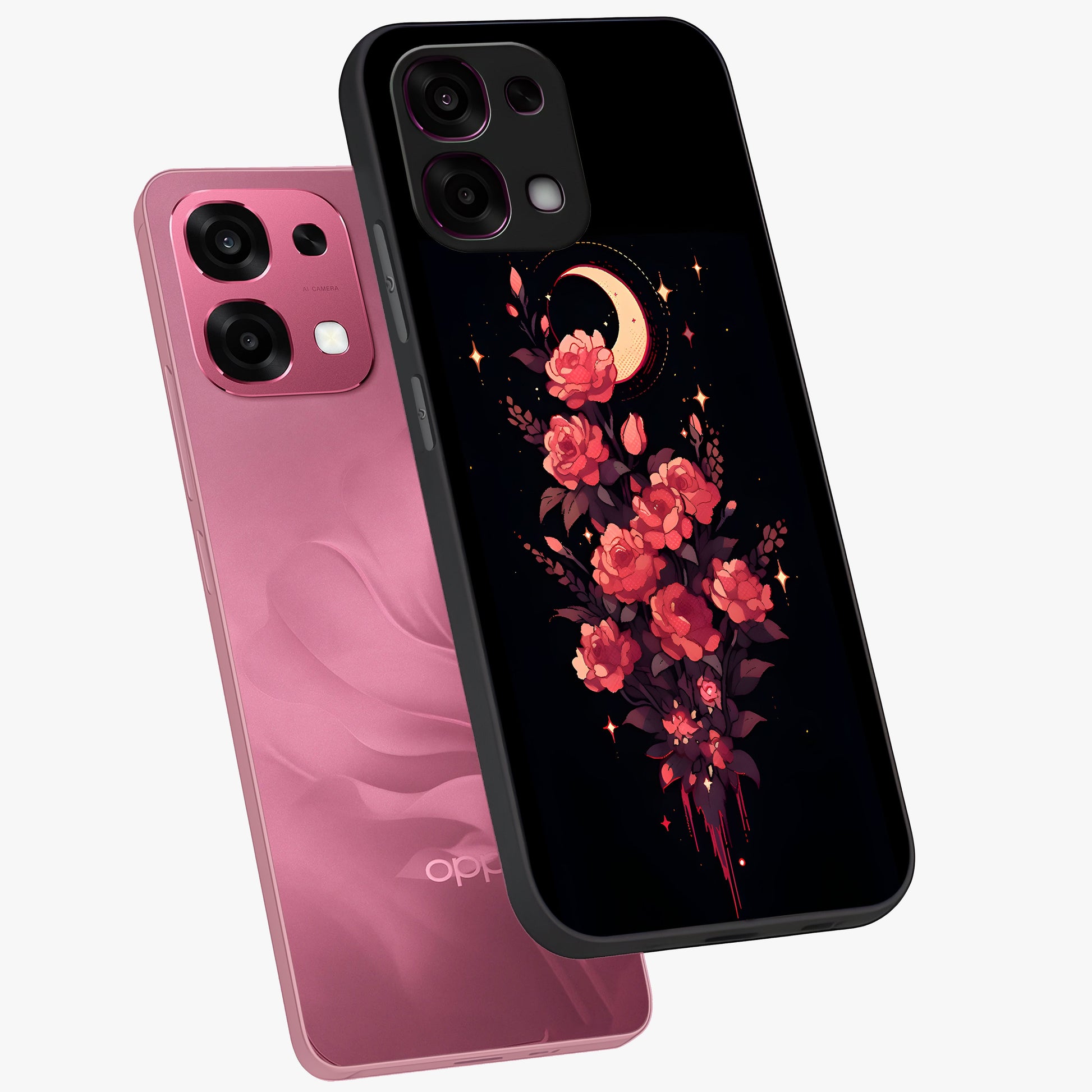Moonlit Floral Elegance Glass Case displayed in angled mockup highlighting graceful flower design with soft moonlight aesthetic.