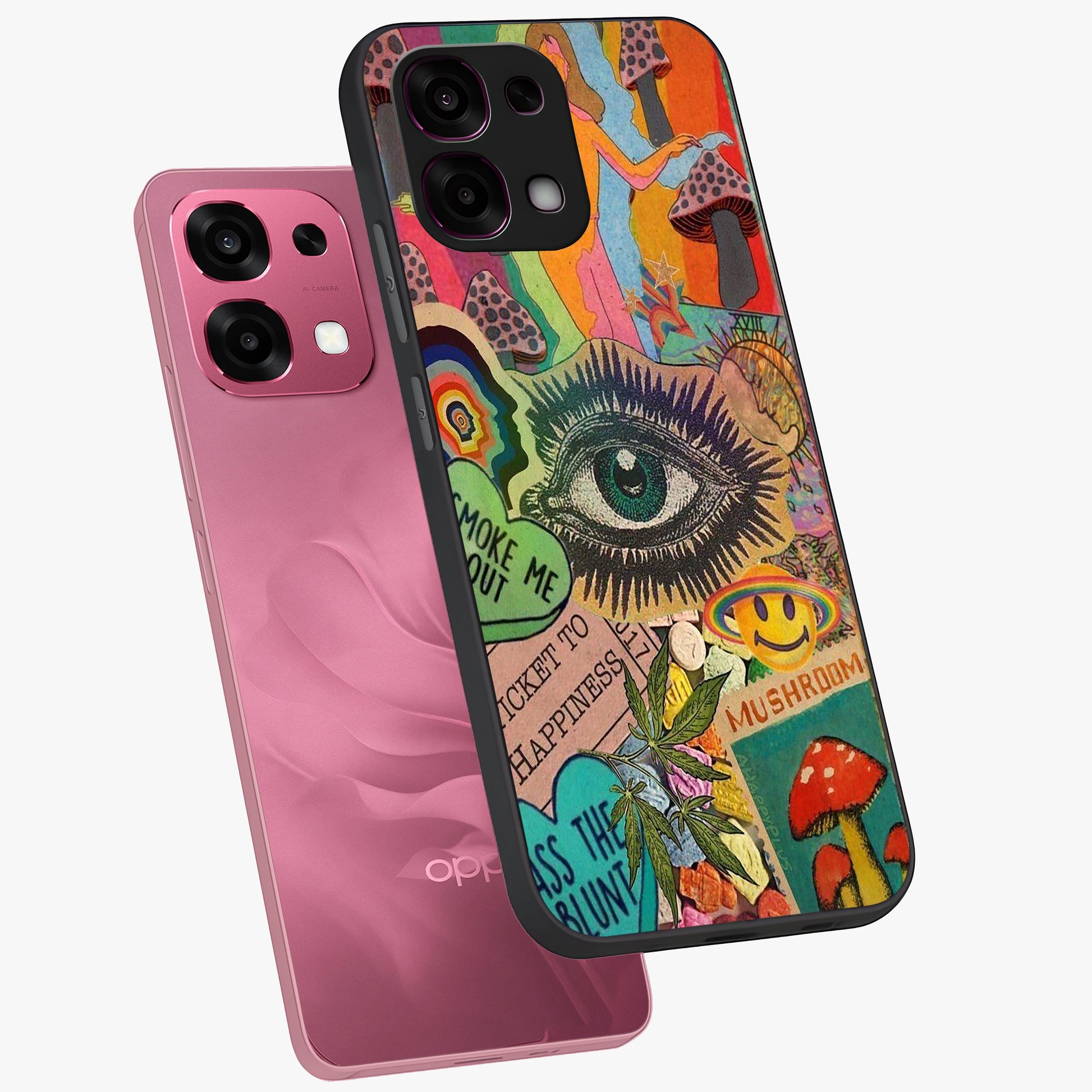 Mystic Eye Wonderland Glass Case displayed in angled mockup highlighting magical eye illustration with dreamy aesthetic.