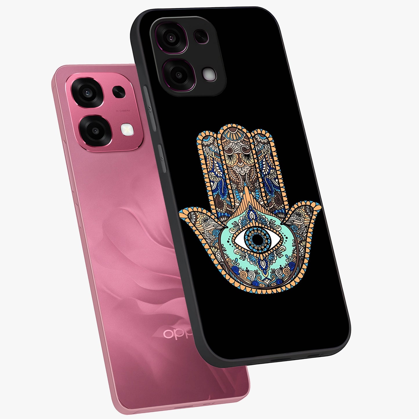 Mystic Hamsa Eye Glass Case displayed in angled mockup highlighting spiritual hamsa symbol with mystical aesthetic style.