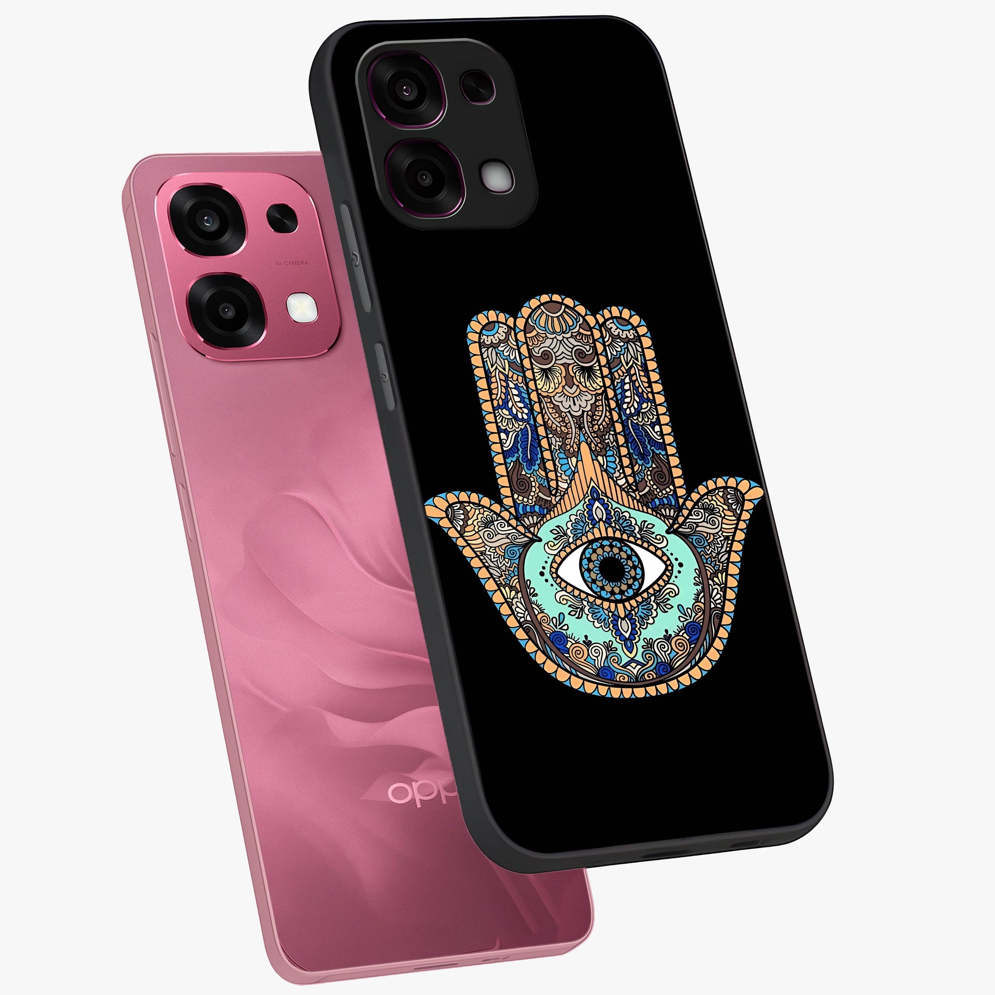 Mystic Hamsa Eye Glass Case displayed in angled mockup highlighting spiritual hamsa symbol with mystical aesthetic style.