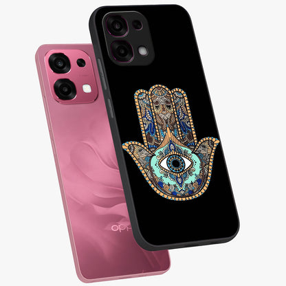 Mystic Hamsa Eye Glass Case displayed in angled mockup highlighting spiritual hamsa symbol with mystical aesthetic style.