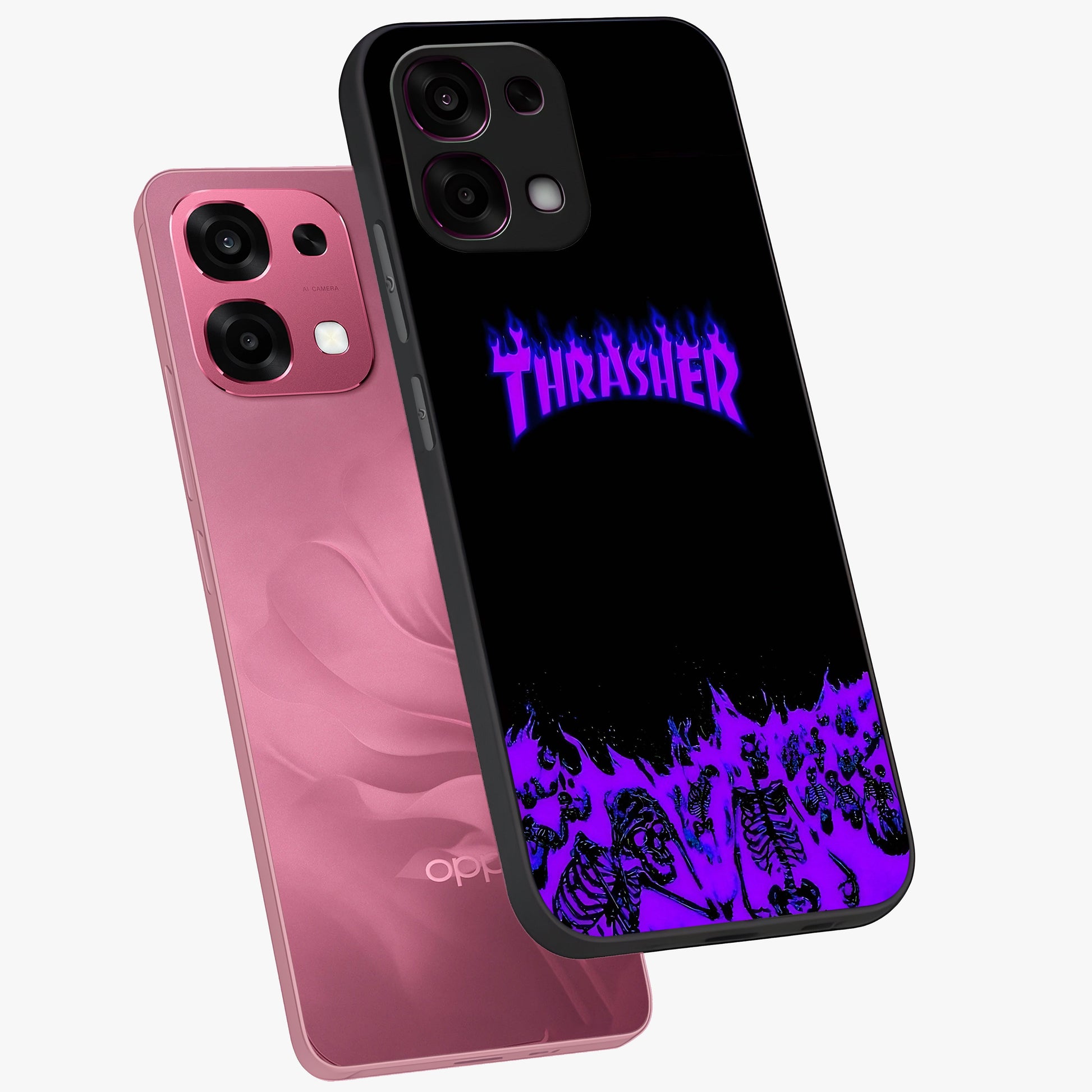 Neon Flame Riot Glass Case displayed in angled mockup highlighting glowing flame design with vibrant neon aesthetic.