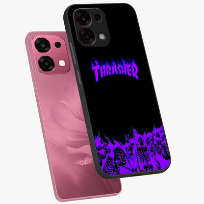 Neon Flame Riot Glass Case displayed in angled mockup highlighting glowing flame design with vibrant neon aesthetic.