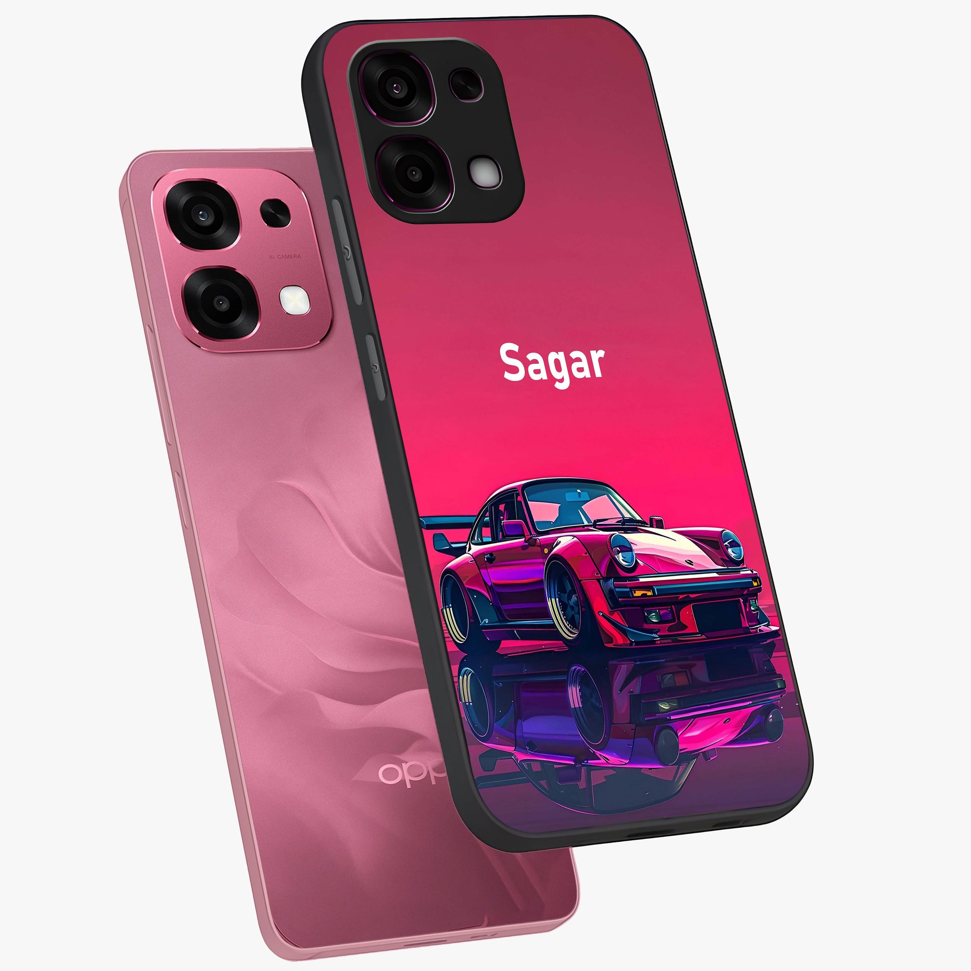 Neon Pink Porsche Glass Case displayed in angled mockup highlighting sleek neon pink car design with racing aesthetic.